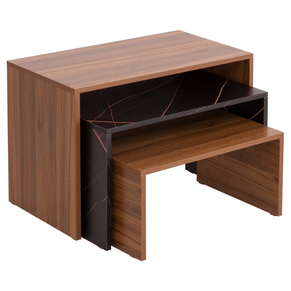 Τραπέζι σαλονιού 3τμχ "BENTIL" σε χρώμα καρυδί/μαύρο μαρμάρου 65x35x45