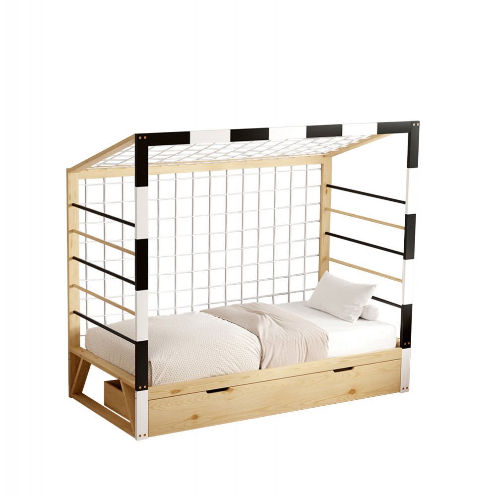 Κρεβάτι παιδικό "GOALIE" τ.montessori με συρτάρι από ξύλο σε χρώμα φυσικό/λευκό/μαύρο 90x190