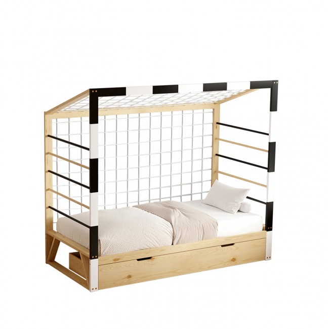 Κρεβάτι παιδικό "GOALIE" τ.montessori με συρτάρι από ξύλο σε χρώμα φυσικό/λευκό/μαύρο 90x190