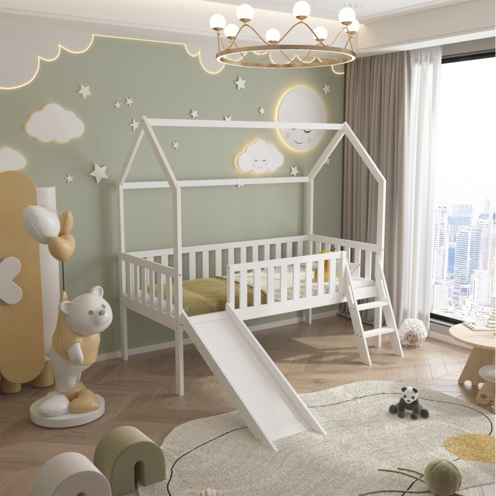 Κρεβάτι παιδικό "PHYLLIS" τ.montessori με τσουλήθρα από ξύλο σε χρώμα λευκό 90x190