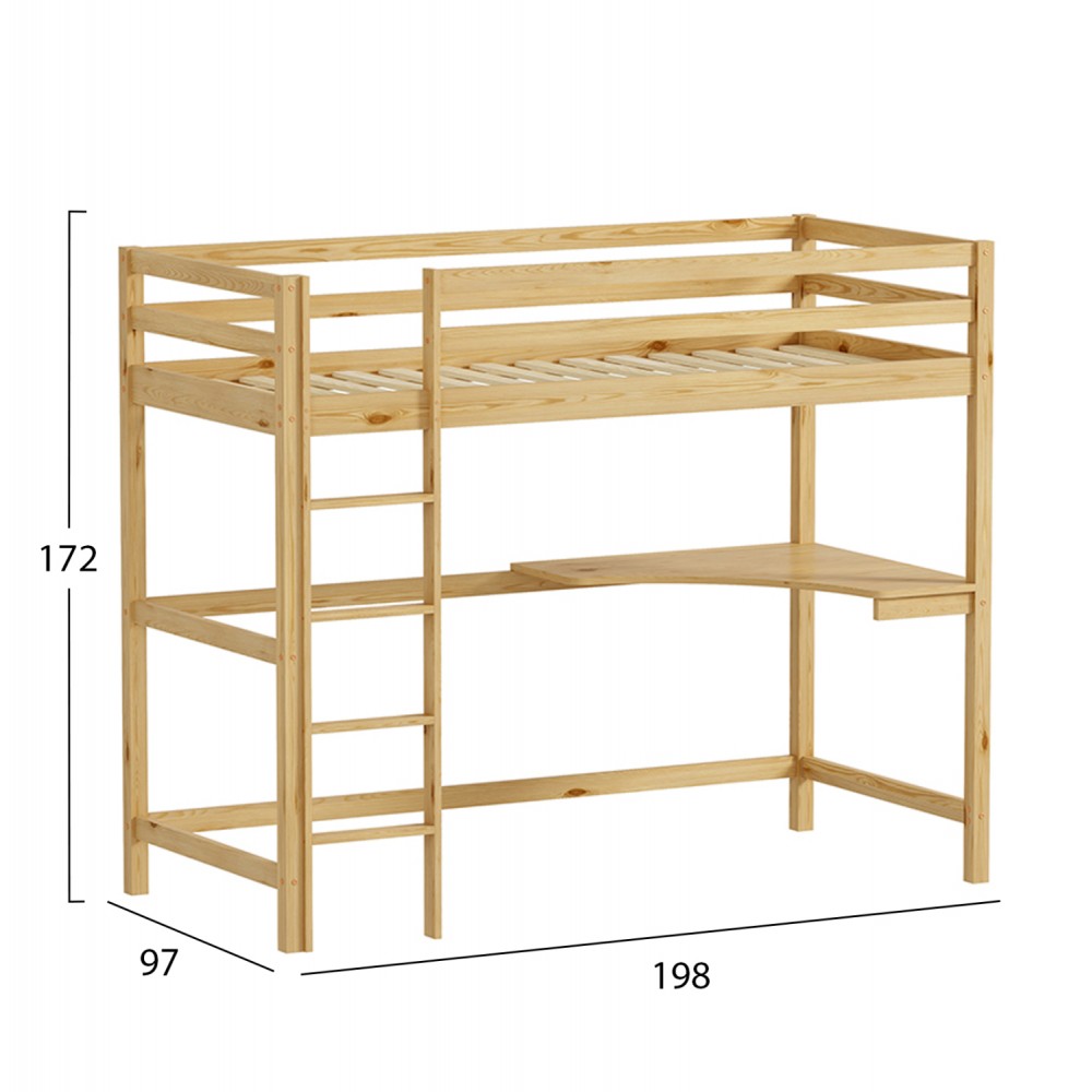 Κρεβάτι παιδικό κουκέτα "AKRON" με γραφείο από ξύλο σε χρώμα φυσικό 90x190