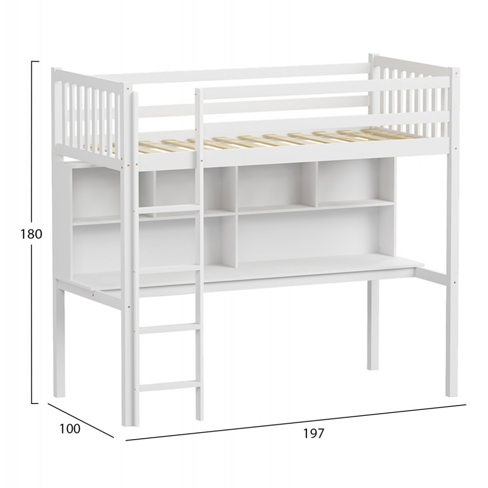 Παιδικό κρεβάτι-κουκέτα "LIBRO" με γραφείο και βιβλιοθήκη από ξύλο σε χρώμα λευκό 100x197x180