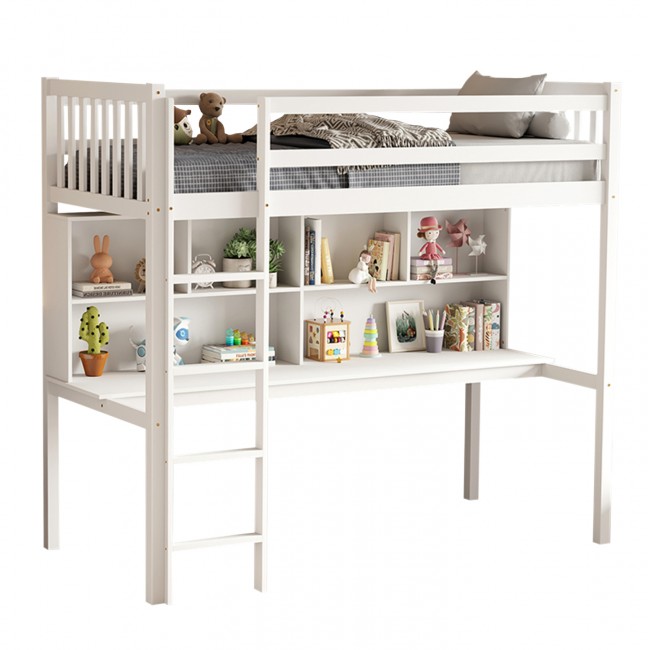 Παιδικό κρεβάτι-κουκέτα "LIBRO" με γραφείο και βιβλιοθήκη από ξύλο σε χρώμα λευκό 100x197x180