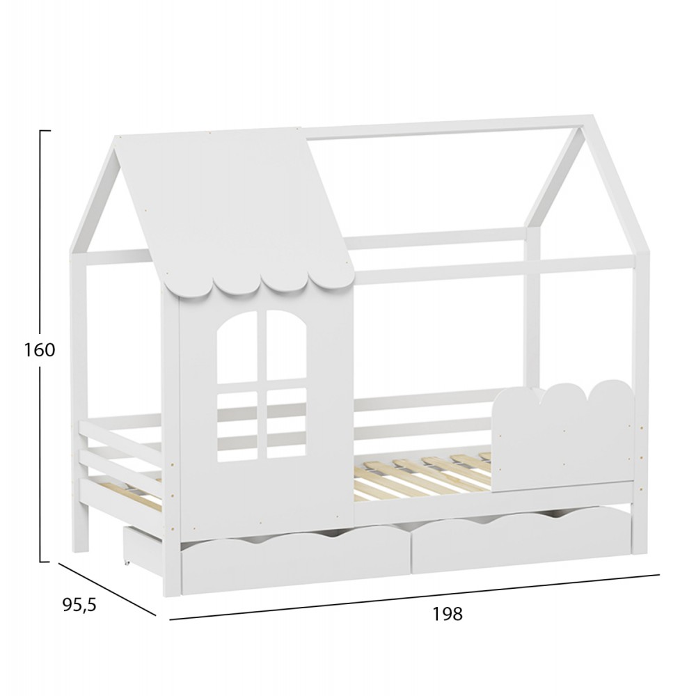 Κρεβάτι παιδικό "DOMER" με συρτάρια από ξύλο σε χρώμα λευκό 95.5x198x160
