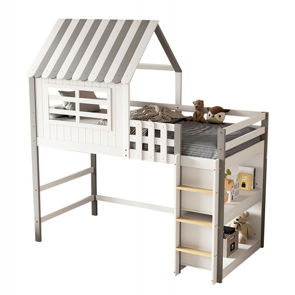 Παιδικό κρεβάτι "HOMI" με παλϊνά ράφια από ξύλο σε χρώμα λευκό/γκρι 102x208x218.5