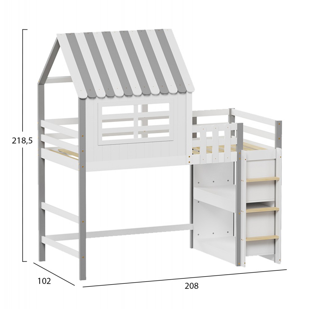 Παιδικό κρεβάτι "HOMI" με παλϊνά ράφια από ξύλο σε χρώμα λευκό/γκρι 102x208x218.5