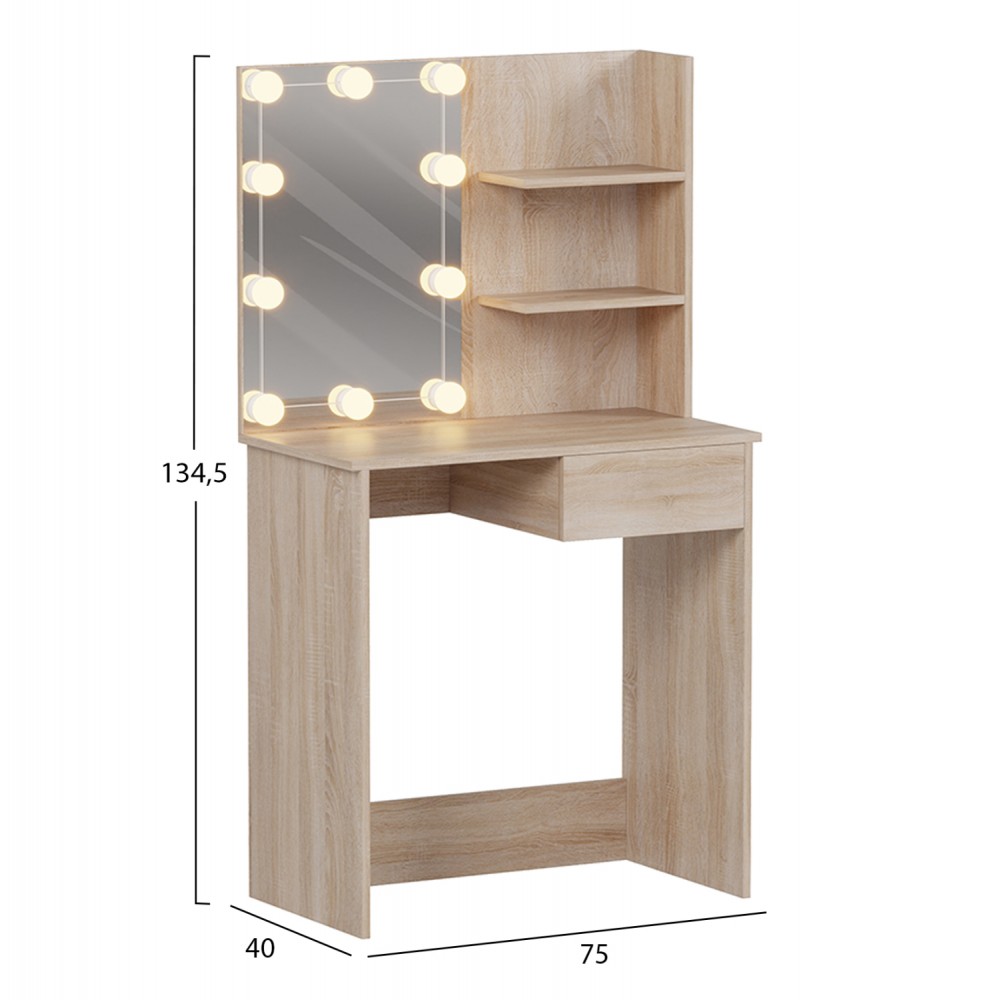 Τουαλέτα "LAURYN" με φωτισμό led και ράφια σε χρώμα σονόμα 75x40x134.5
