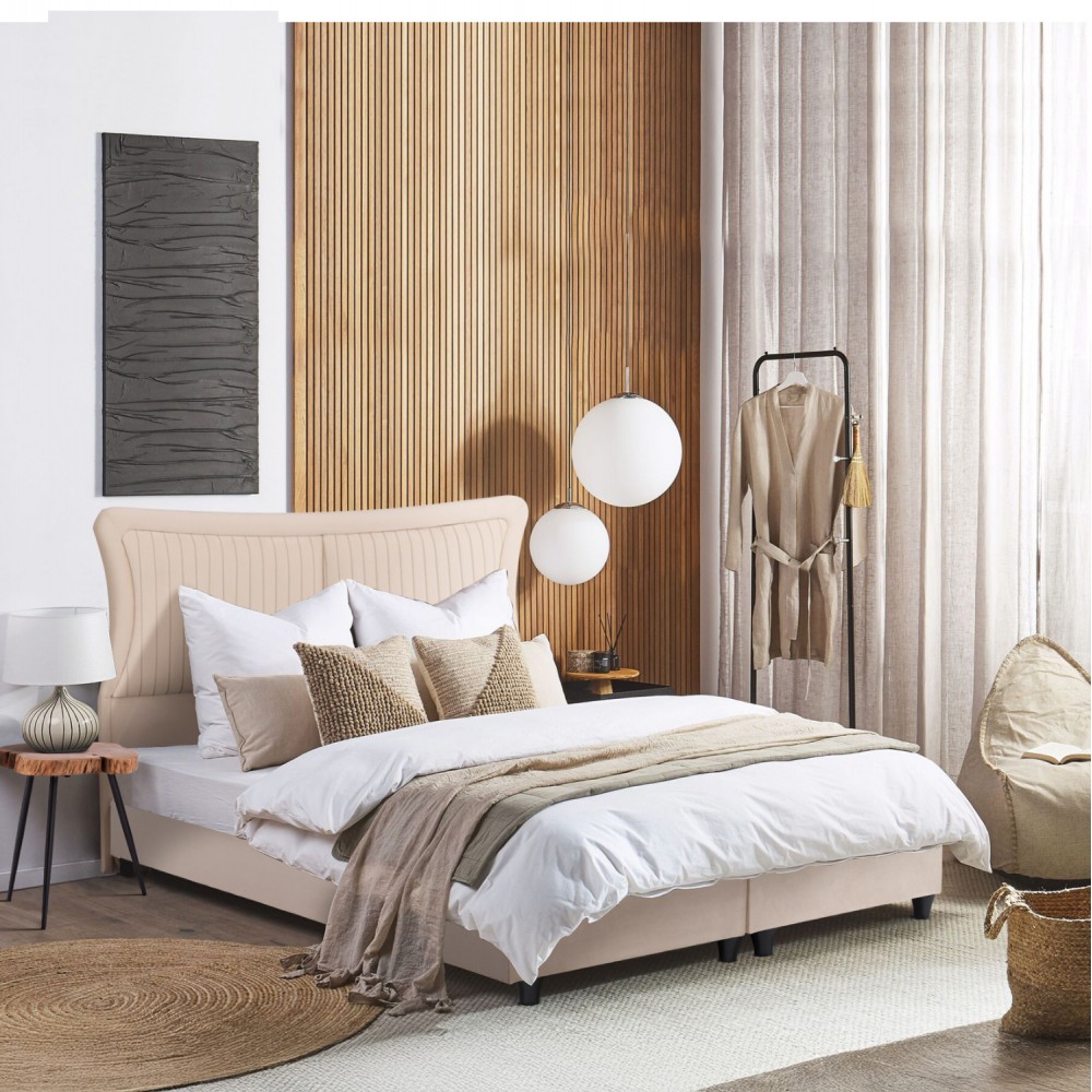 Κρεβάτι διπλό "NESTOR" από ύφασμα βελούδο σε χρώμα μπεζ 160x200