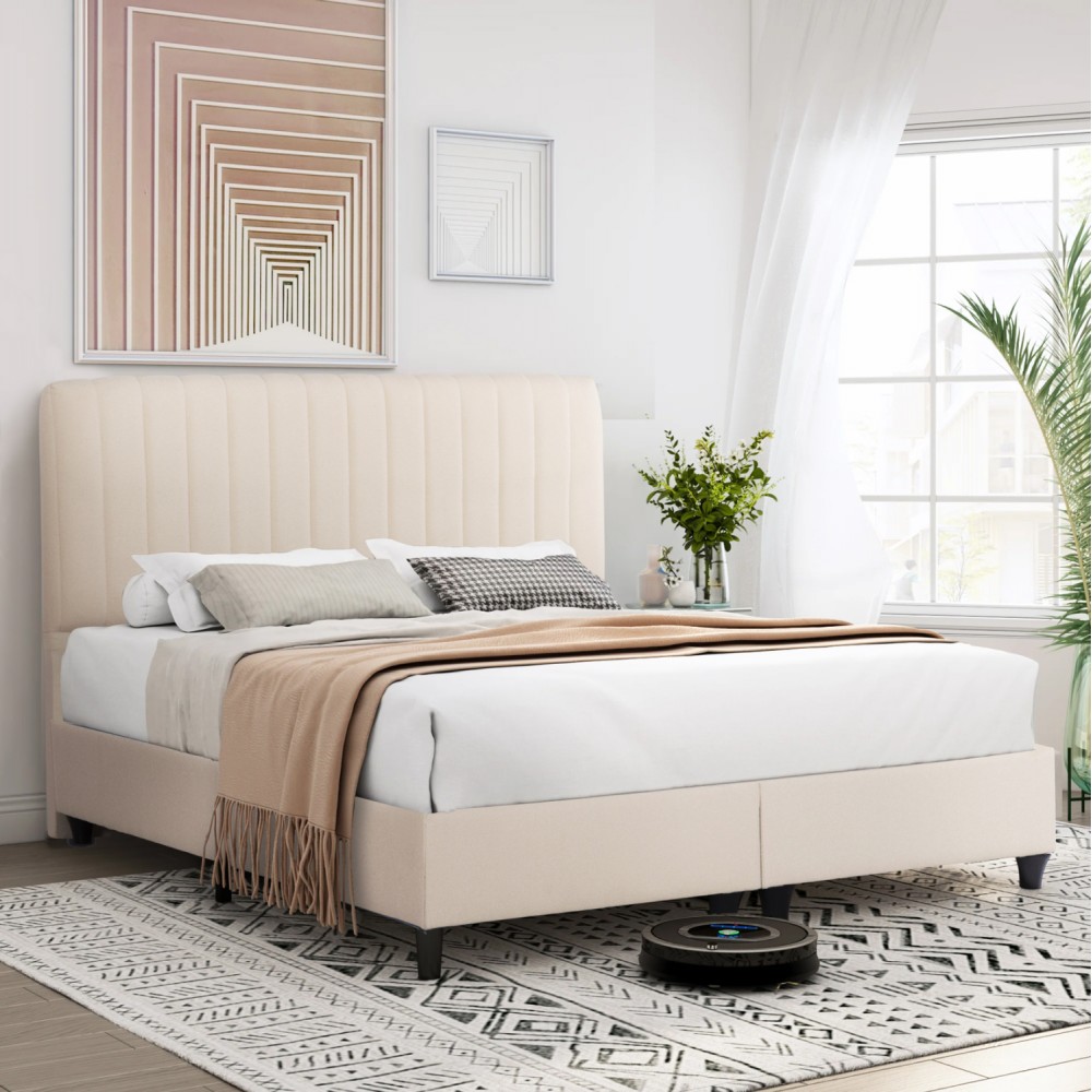 Κρεβάτι διπλό "LUTHER" από ύφασμα σε χρώμα μπεζ 160x200