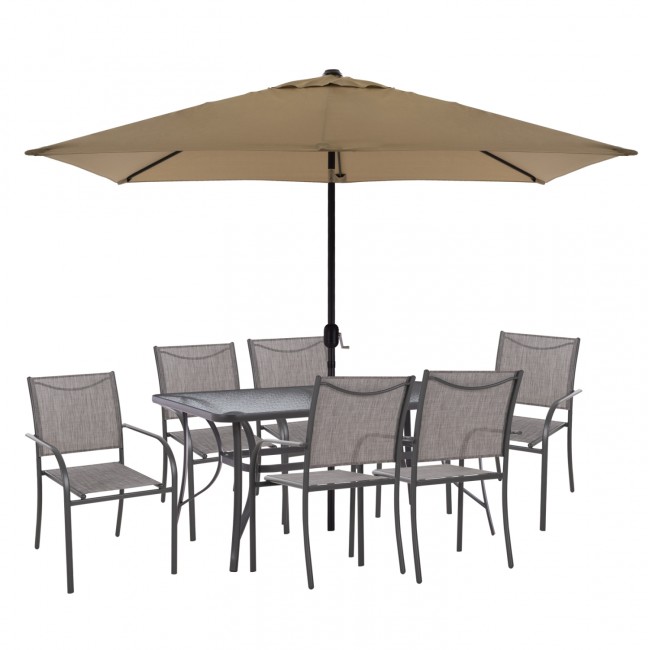 Σετ εξωτερικού χώρου "BRUNO" 8τμχ από μέταλλο/textilene/γυαλί σε χρώμα γκρι/μόκα