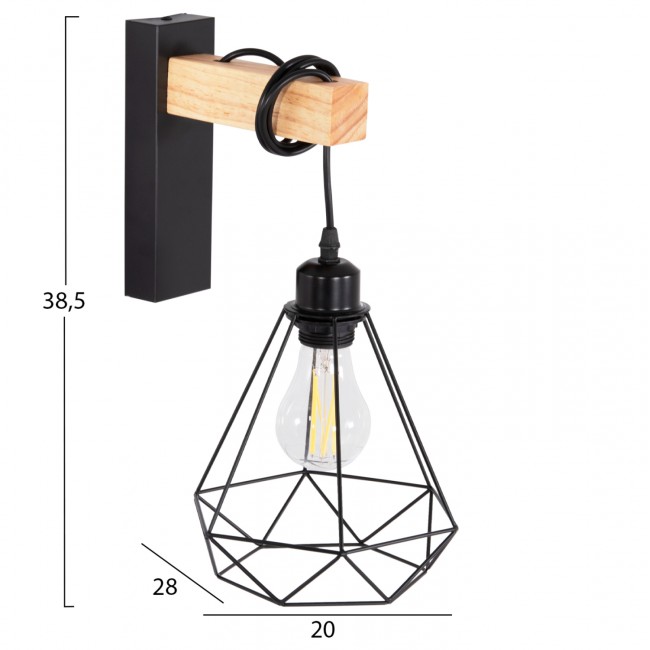 Απλίκα τοίχου "GROB" από μέταλλο/ξύλο σε χρώμα μαύρο/φυσικό 20x26x38.5 Ε27