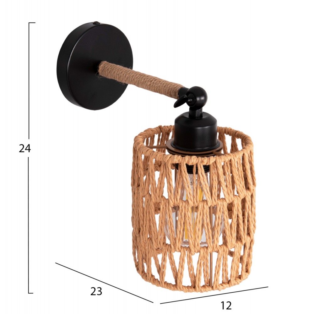 Απλίκα τοίχου "STOLT2" από μέταλλο/σχοινί σε χρώμα μαύρο/φυσικό 12x23x24 Ε27