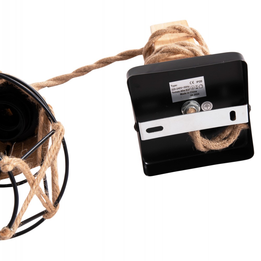 Απλίκα τοίχου "KINAN" από μέταλλο/ξύλο/σχοινί σε χρώμα μαύρο/φυσικό 15.5x21x44 Ε27