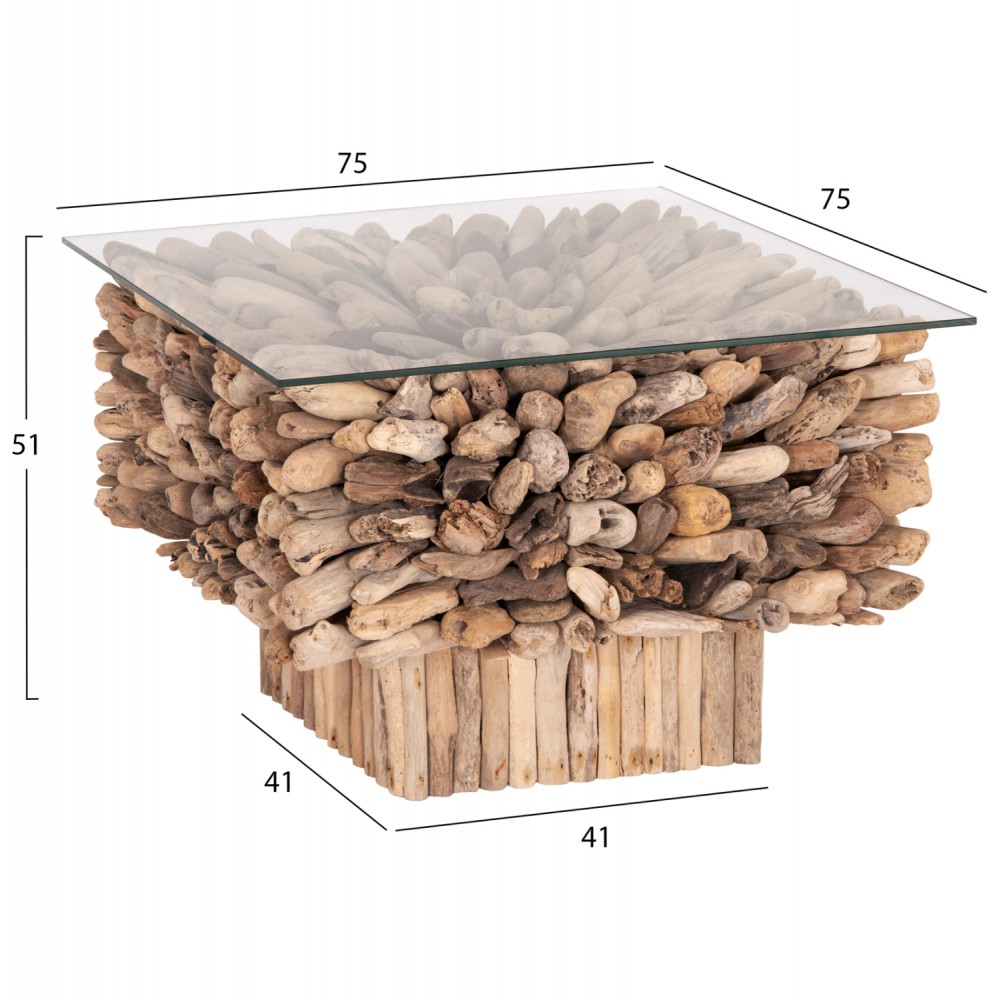 Τραπέζι σαλονιού "SPARROW" από driftwood/γυαλί σε χρώμα φυσικό 75x75x51