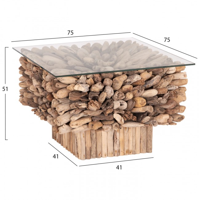 Τραπέζι σαλονιού "SPARROW" από driftwood/γυαλί σε χρώμα φυσικό 75x75x51