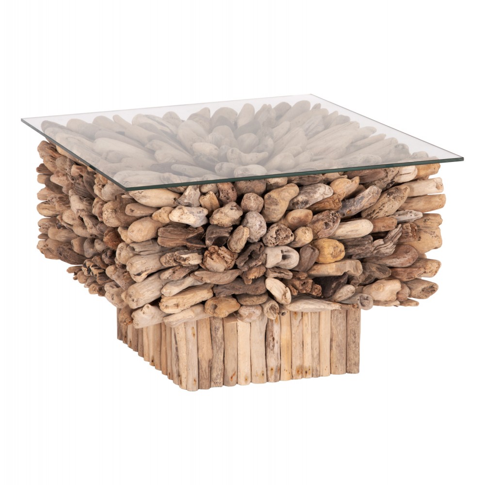 Τραπέζι σαλονιού "SPARROW" από driftwood/γυαλί σε χρώμα φυσικό 75x75x51