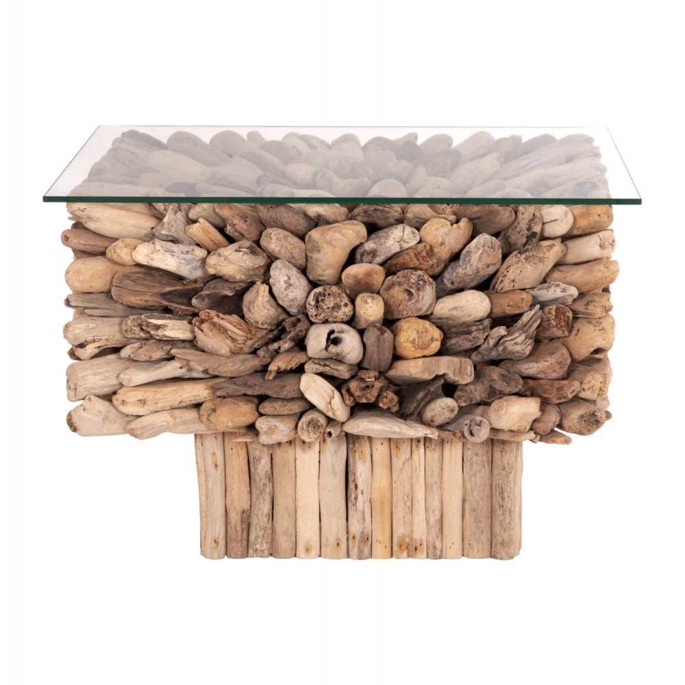 Τραπέζι σαλονιού "SPARROW" από driftwood/γυαλί σε χρώμα φυσικό 75x75x51