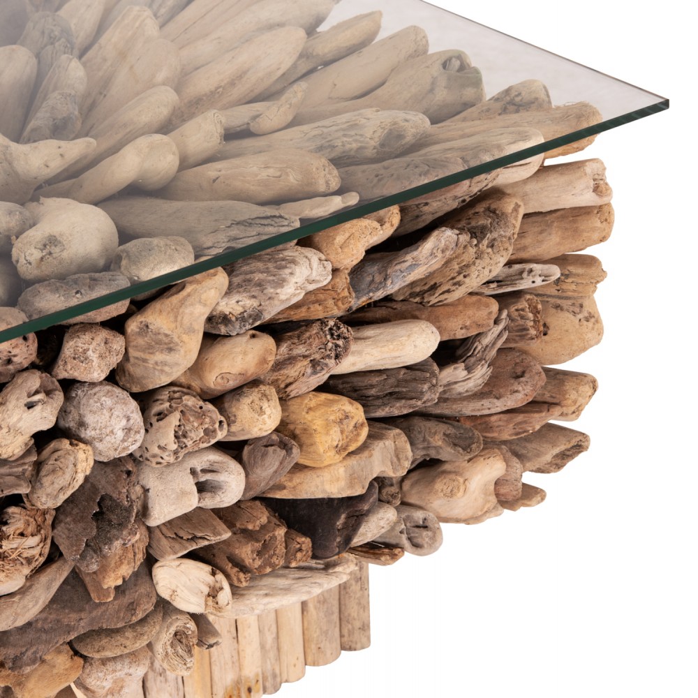 Τραπέζι σαλονιού "SPARROW" από driftwood/γυαλί σε χρώμα φυσικό 75x75x51