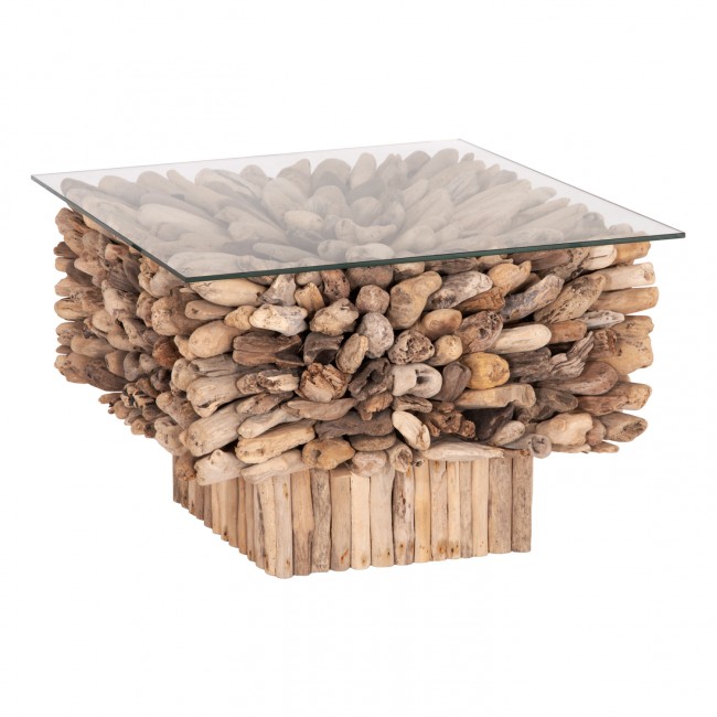 Τραπέζι σαλονιού "SPARROW" από driftwood/γυαλί σε χρώμα φυσικό 75x75x51