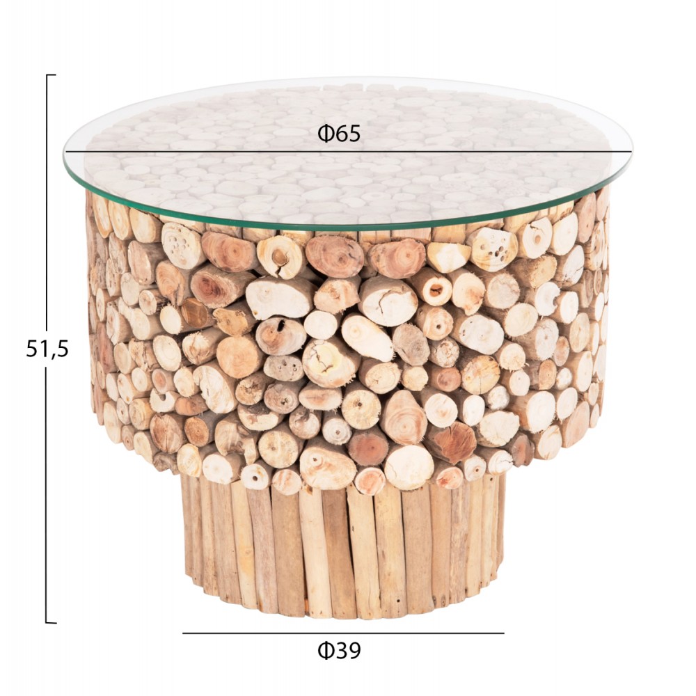 Τραπέζι σαλονιού "SPARROW" από driftwood/γυαλί σε χρώμα φυσικό Φ65x51.5