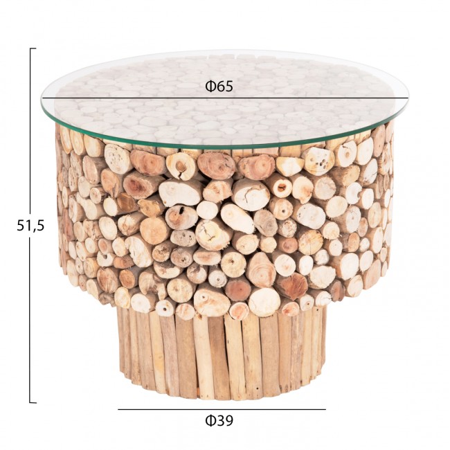 Τραπέζι σαλονιού "SPARROW" από driftwood/γυαλί σε χρώμα φυσικό Φ65x51.5