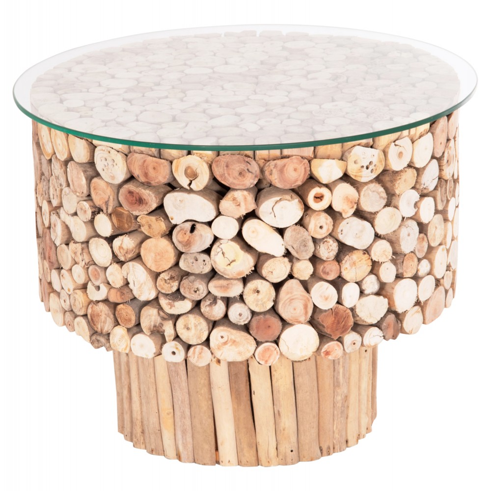 Τραπέζι σαλονιού "SPARROW" από driftwood/γυαλί σε χρώμα φυσικό Φ65x51.5