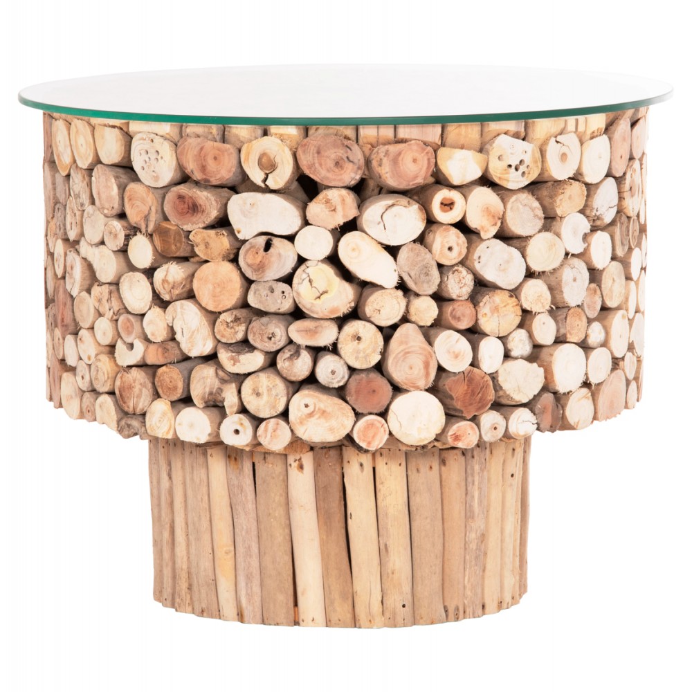 Τραπέζι σαλονιού "SPARROW" από driftwood/γυαλί σε χρώμα φυσικό Φ65x51.5