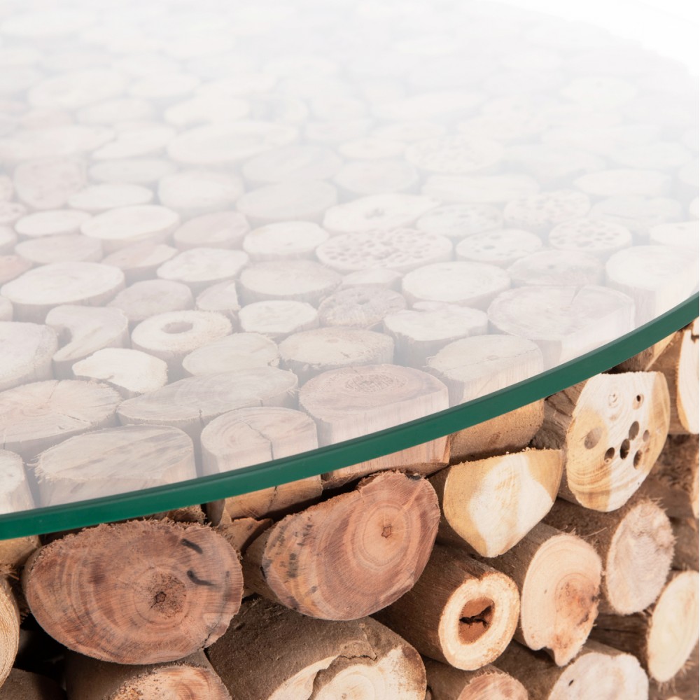 Τραπέζι σαλονιού "SPARROW" από driftwood/γυαλί σε χρώμα φυσικό Φ65x51.5