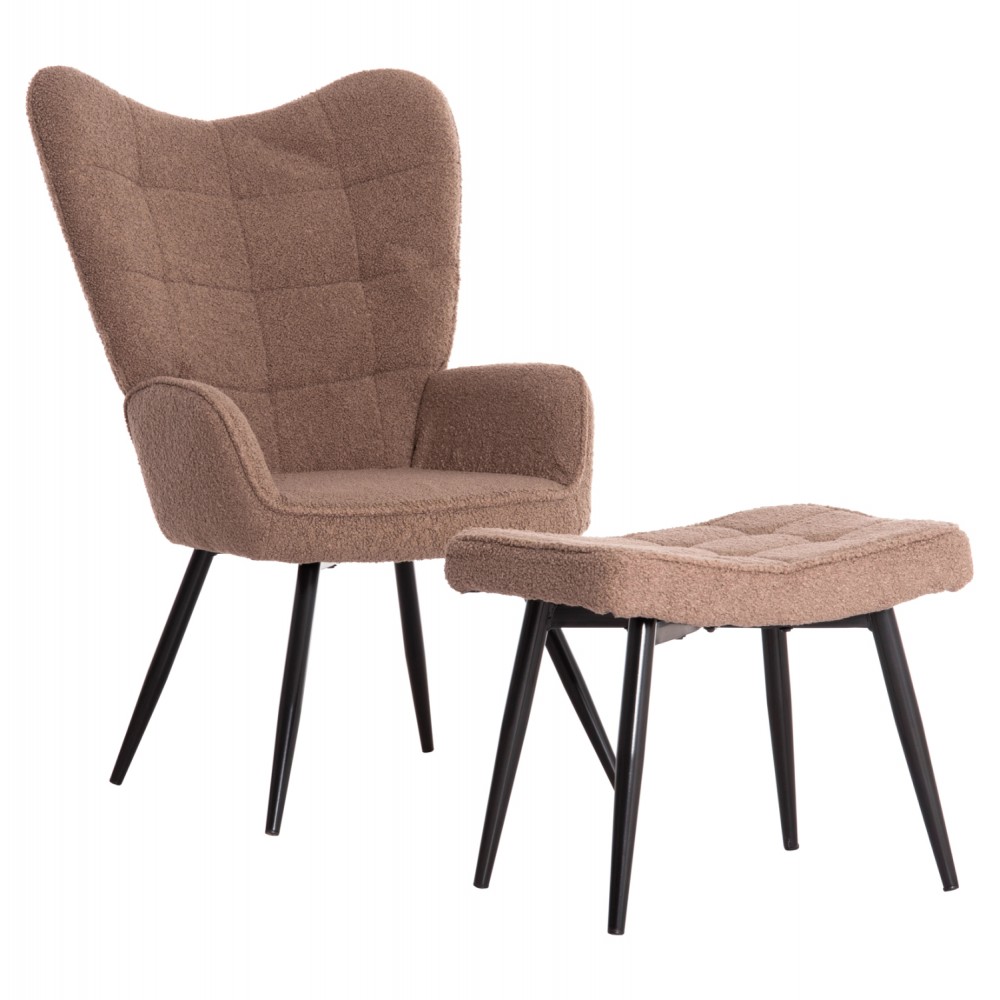 Πολυθρόνα με υποπόδιο "CRAWLEY" από ύφασμα μπουκλέ σε χρώμα καφέ 69x73x96