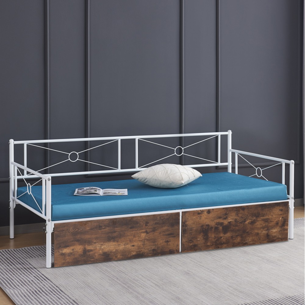 Κρεβάτι-καναπές "BERNIE" με συρτάρια από μέταλλο σε χρώμα λευκό/καφέ 90x190