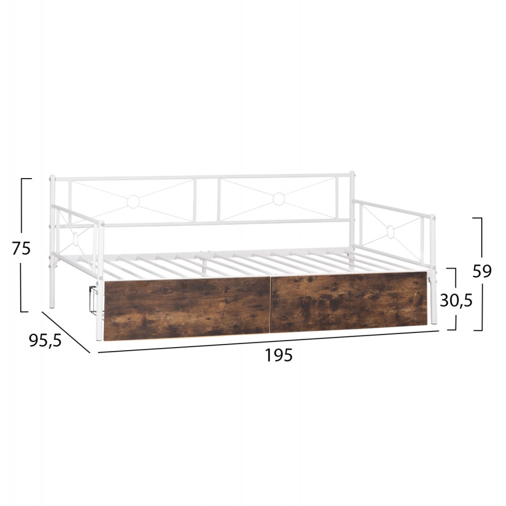 Κρεβάτι-καναπές "BERNIE" με συρτάρια από μέταλλο σε χρώμα λευκό/καφέ 90x190