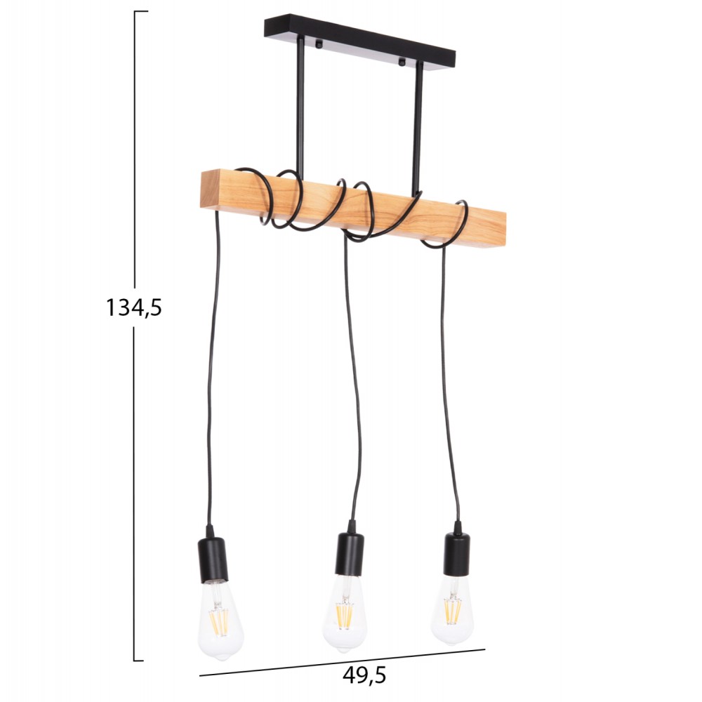 Φωτιστικό οροφής "VOLKS" τρίφωτο από μέταλλο/ξύλο σε χρώμα μαύρο/φυσικό 49.5x5x134.5 Ε27