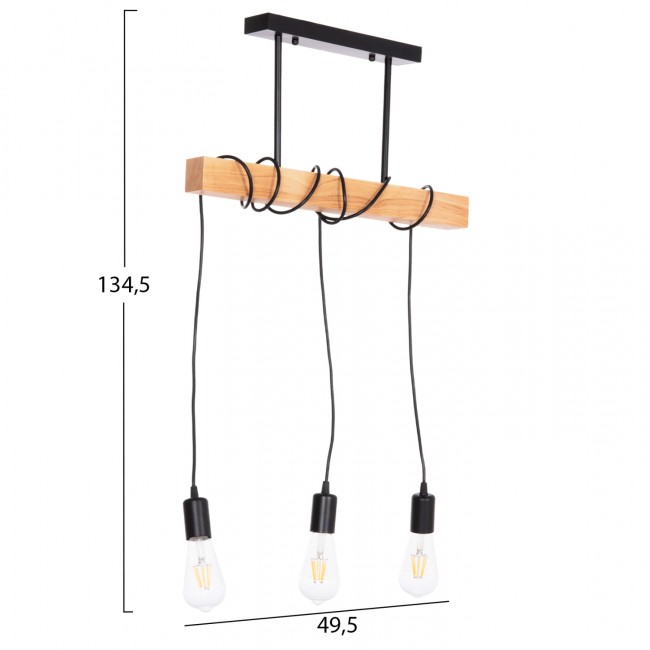 Φωτιστικό οροφής "VOLKS" τρίφωτο από μέταλλο/ξύλο σε χρώμα μαύρο/φυσικό 49.5x5x134.5 Ε27