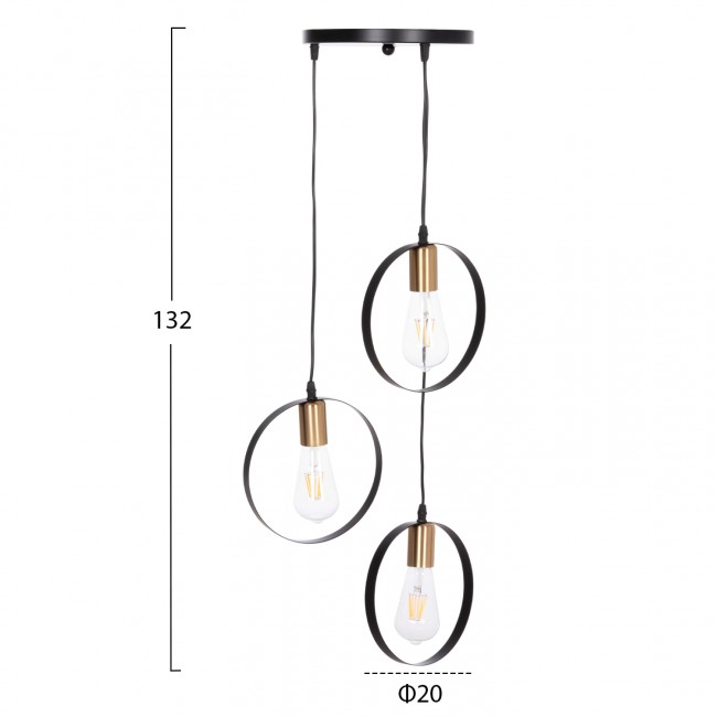 Φωτιστικό οροφής "KRENT" τρίφωτο από μέταλλο σε χρώμα μαύρο/χρυσό Φ23,5x132 Ε27