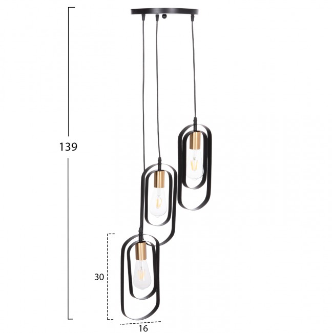 Φωτιστικό οροφής "BIUT" τρίφωτο από μέταλλο σε χρώμα μαύρο/χρυσό Φ23x139 E27