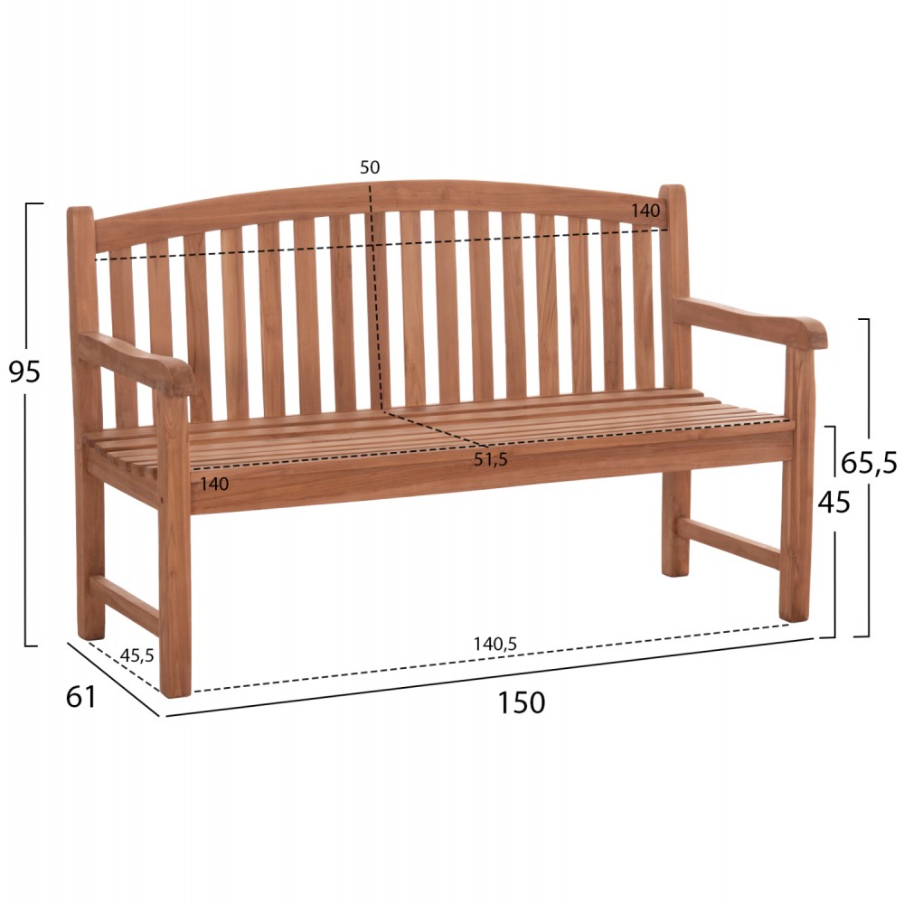 Παγκάκι κήπου "ELENA" τριθέσιο από ξύλο teak σε χρώμα φυσικό 150x61x95