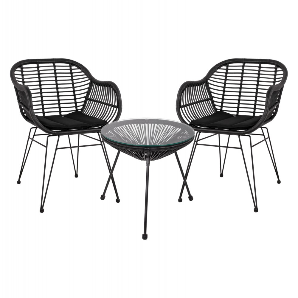 Σετ εξωτερικού χώρου 3τμχ από μέταλλο/rattan σε χρώμα μαύρο Φ47x45