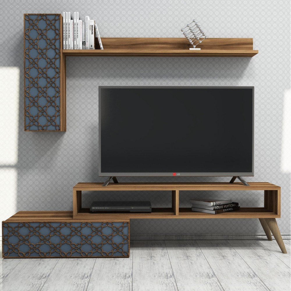 Σύνθεση τηλεόρασης σε χρώμα καρυδί/μπλε 150x37.2x37.8