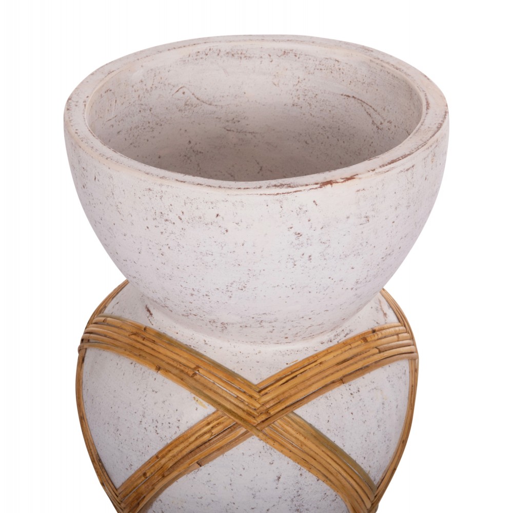 Διακοσμητικό βάζο δαπέδου "MAYNARD" από fiber cement/rattan σε χρώμα λευκό/φυσικό Φ32x62.5