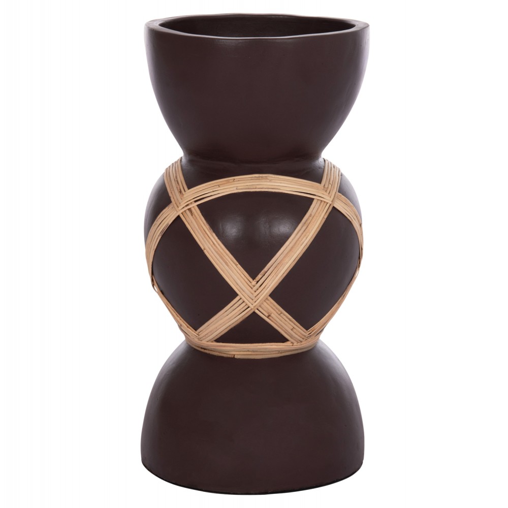 Διακοσμητικό βάζο δαπέδου "MAYNARD" από fiber cement/rattan σε χρώμα σοκολατί/φυσικό Φ32x62.5