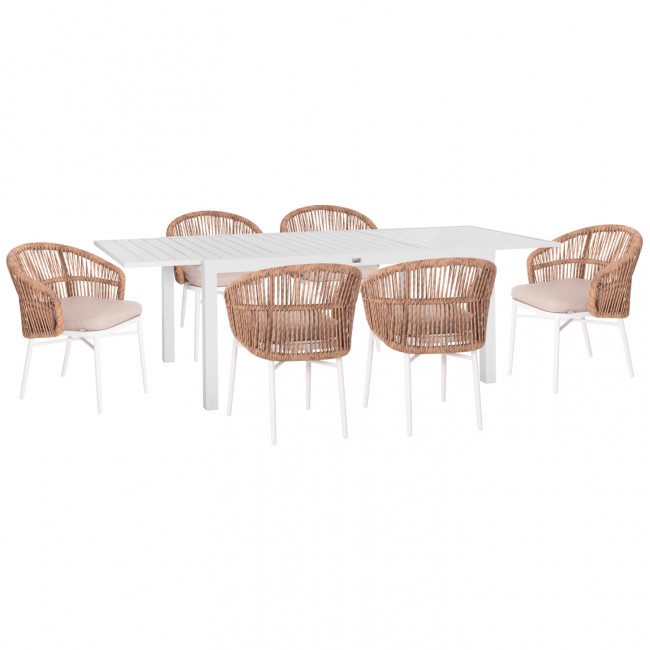 Σετ τραπεζαρία εξωτερικού χώρου "KRUM" 7τμχ από αλουμίνιο/rattan σε χρώμα λευκό/μπεζ 160-240x90x73