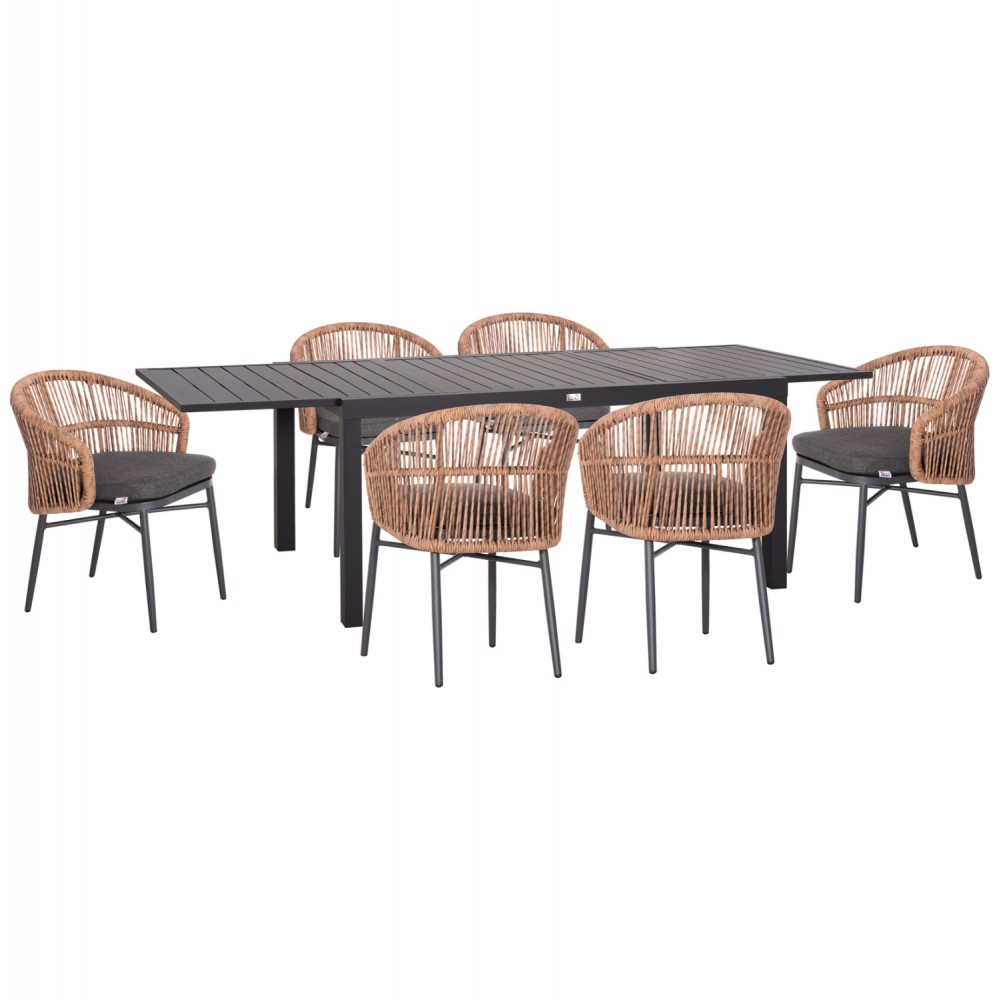Σετ τραπεζαρία εξωτερικού χώρου "KRUM" 7τμχ από αλουμίνιο/rattan σε χρώμα γκρι/φυσικό 160-240x90x73