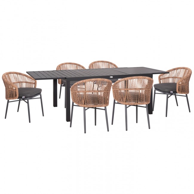 Σετ τραπεζαρία εξωτερικού χώρου "KRUM" 7τμχ από αλουμίνιο/rattan σε χρώμα γκρι/φυσικό 160-240x90x73