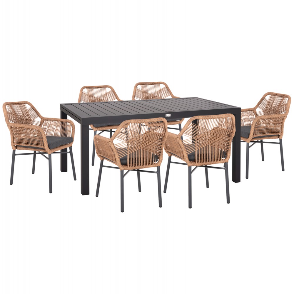 Σετ τραπεζαρίας "KRUM" 7τμχ από αλουμίνιο/p.e. rattan σε χρώμα σκούρο γκρι/μπεζ 160-240x90x73