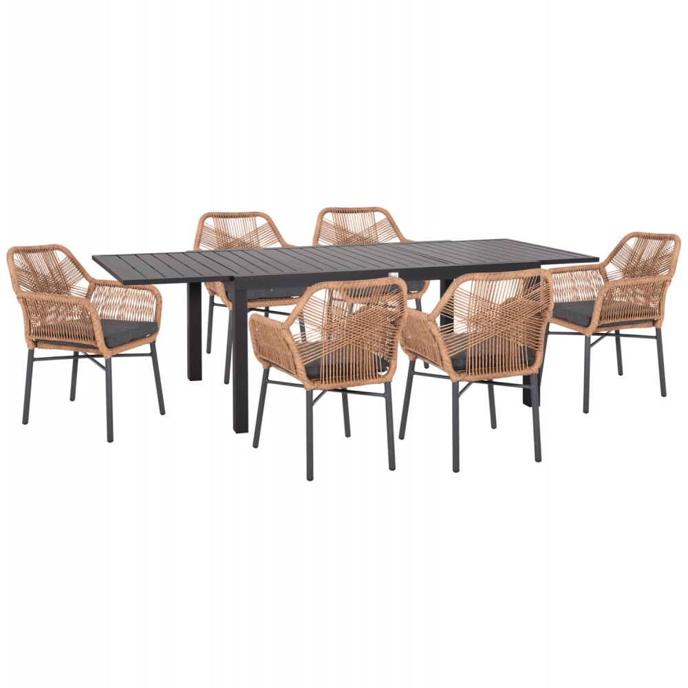 Σετ τραπεζαρίας "KRUM" 7τμχ από αλουμίνιο/p.e. rattan σε χρώμα σκούρο γκρι/μπεζ 160-240x90x73