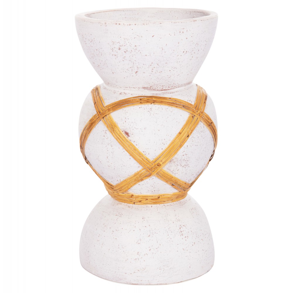 Διακοσμητικό βάζο δαπέδου "MAYNARD" από fiber cement/rattan σε χρώμα λευκό/φυσικό Φ27.5x50