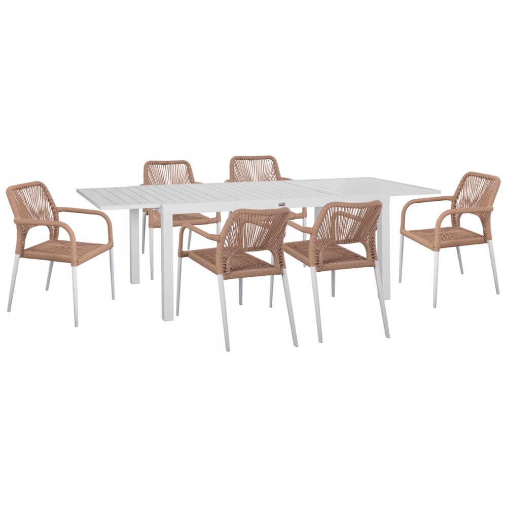 Σετ τραπεζαρία εξωτερικού χώρου "KRUM" 7τμχ από αλουμίνιο/rattan σε χρώμα λευκό/μπεζ 160-240x90x73