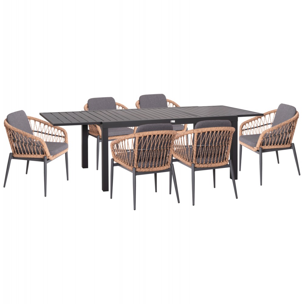 Σετ τραπεζαρίας εξωτερικού χώρου "KRUM" 7τμχ από αλουμίνιο/rattan σε χρώμα γκρι/μπεζ 160-240x90x73