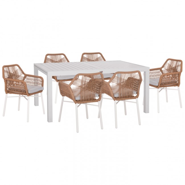 Σετ τραπεζαρίας "KRUM" 7τμχ από αλουμίνιο/p.e. rattan σε χρώμα λευκό/μπεζ 160-240x90x73