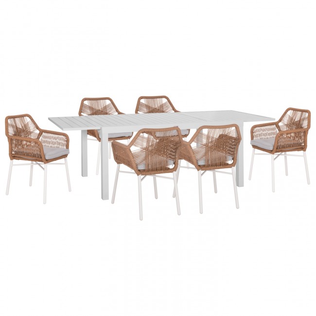 Σετ τραπεζαρίας "KRUM" 7τμχ από αλουμίνιο/p.e. rattan σε χρώμα λευκό/μπεζ 160-240x90x73